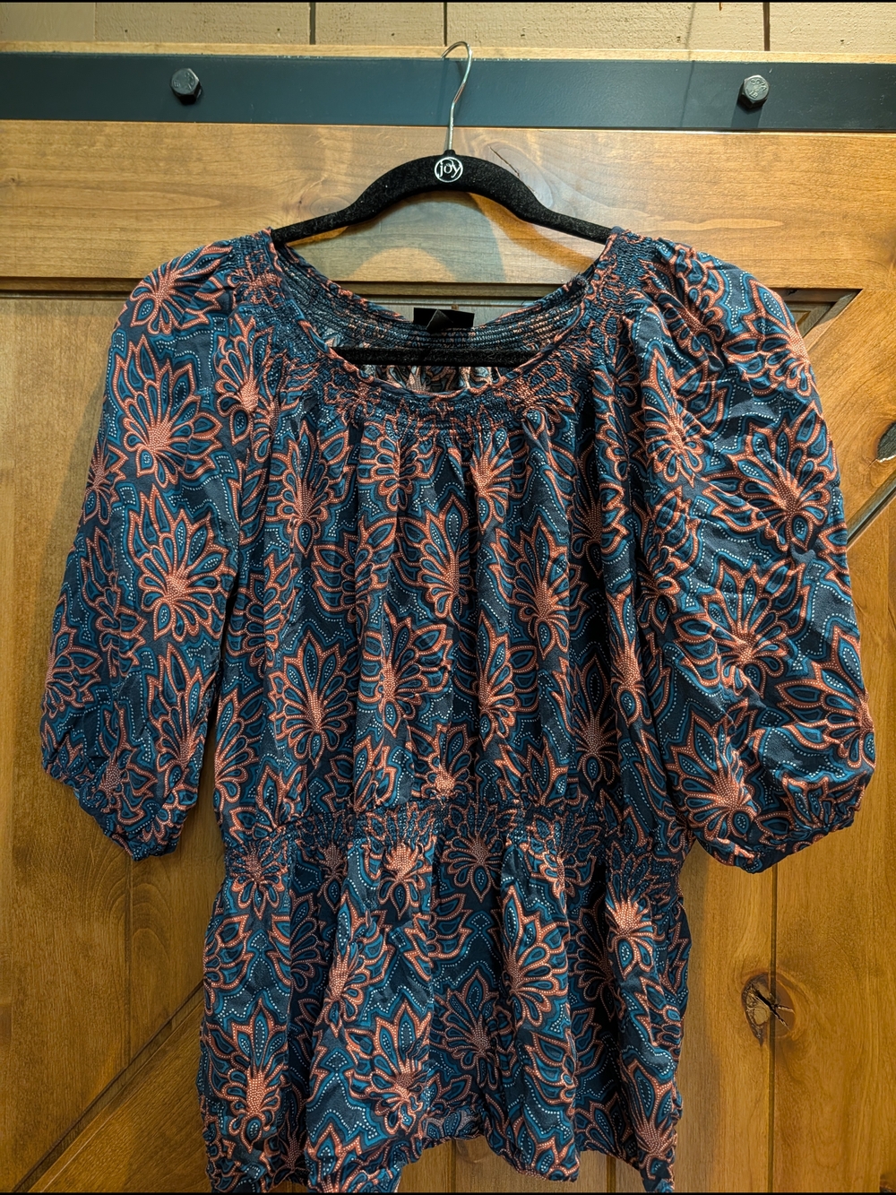 Womens Navy and Coral Floral Smocked Peasant Top